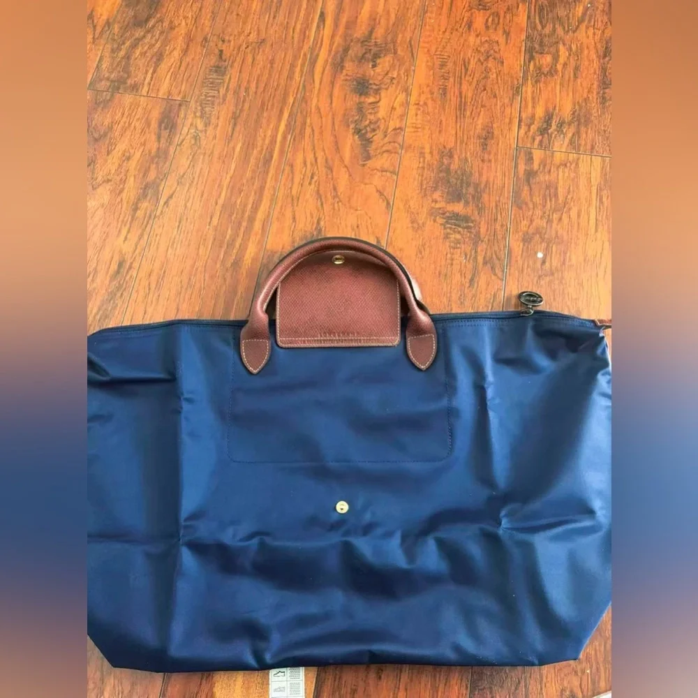 Longchamp Tote Bag extra Large navy Nylon Tote Bag with Brown Leather Handles - Picture 13 of 14